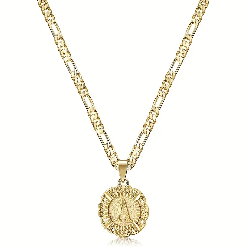 18K Gold Plated Round Letter Pendant Capital Monogram Necklace, Unisex A-Z Initial Pendant Figaro Chain Trendy Couple Necklace Personalized Non Tarnish Daily Vacations, Party Wear, Jewelry, Holiday Gift