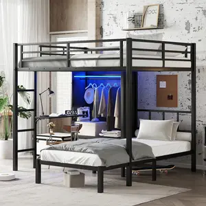 ARCH Full XL Over Twin Metal Bunk Bed with Folding Desk and LED Closet, Space-Saving Noise-Reduced Design for Kids Teens Bedroom, Black, No Box Spring Needed, Heavy Duty Steel Frame, Easy Assembly, Bedroom Furniture for Bedroom, Guest Room