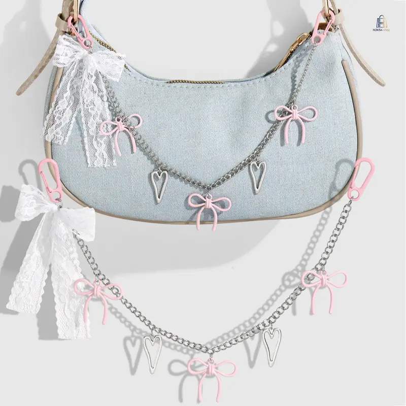 Y2K Silver Chain Bag Charm, Lace Bow Pendant with Star & Heart Decor, DIY Bow Keychain Accessory, Cute Fashion Backpack Handbag Ornament for Daily Outfit
