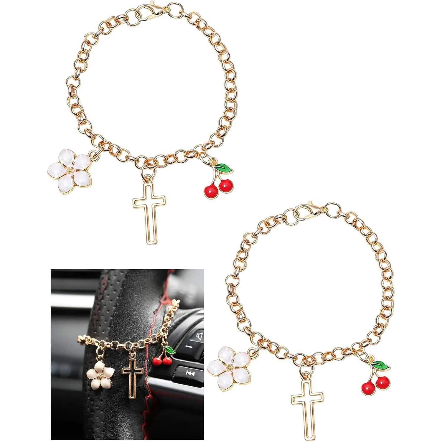 Cherry Steering Wheel Charm for Women,  Chain  Accessory with  | Floral Pendants, Decorative Steering Wheel Chain Ornament for  Interior (2 ) (, Flower, Cherry)