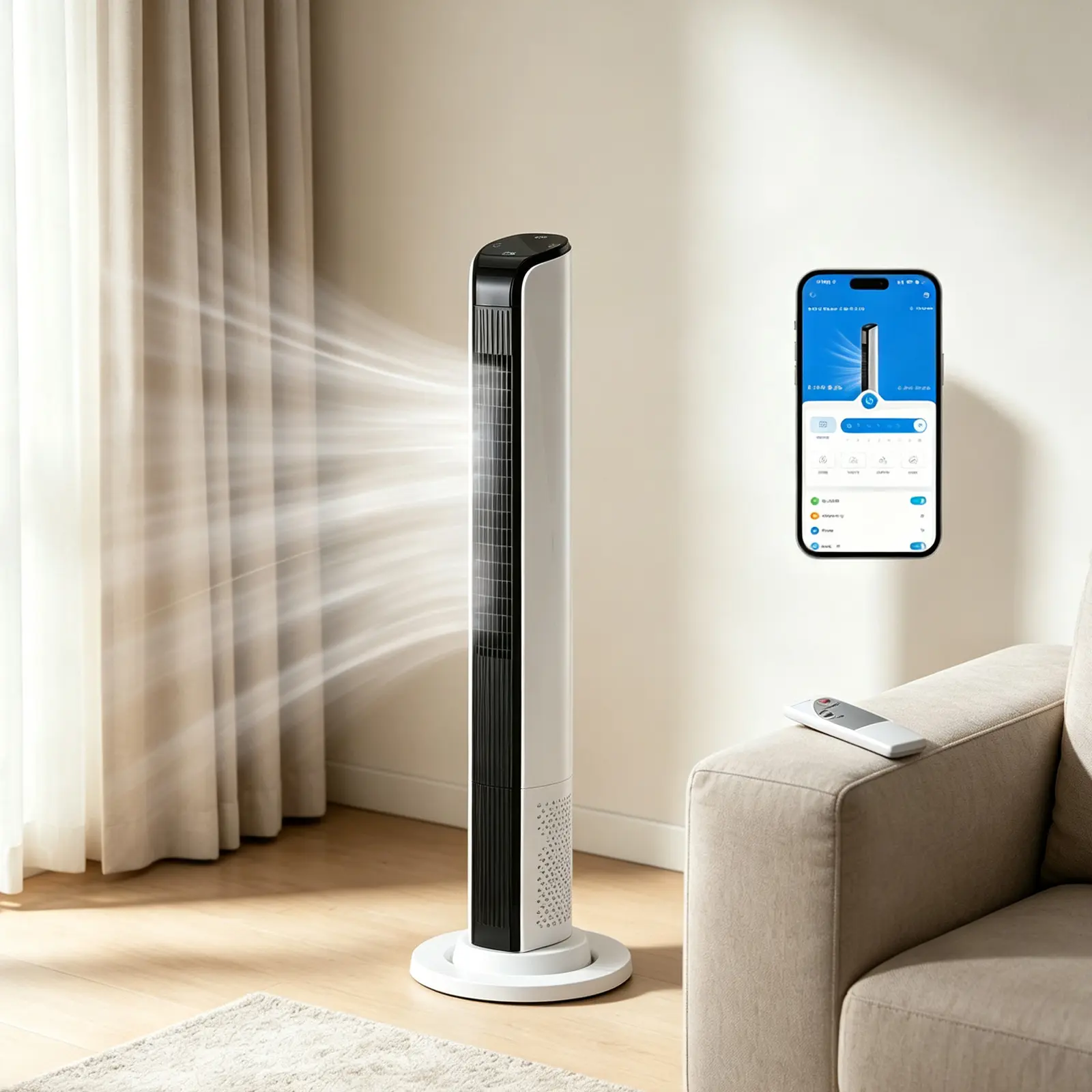 42 Inch Smart Tower Fan, 110V 65W All-Copper Motor Bladeless Standing Fan, Remote WiFi APP Control, Digital Display, 3 Speeds 3 Modes, 12H Timer, Space Saving Tower Fan For Bedroom Living Room, No Wat strong wind bestower ionizer summerwins office home
