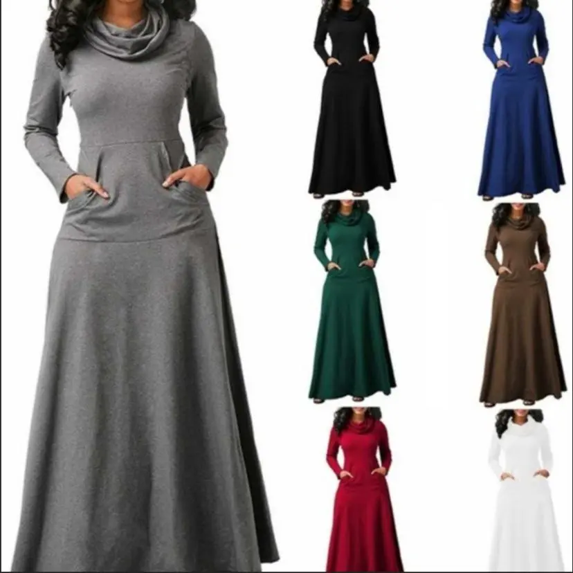 Women’s Maxi Dress with Scarf Neck Detail, Solid Color Long Dress with Pockets and Flowy A Line Silhouette, Fall Winter Fashion