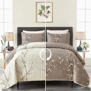 3 Pieces Floral Set Queen Size Tan Branch Pattern, Cream White Floral Reversible Bedspread, Soft Microfiber Botanical Floral Summer Bedding Coverlet Set for All Season (96''x90'')