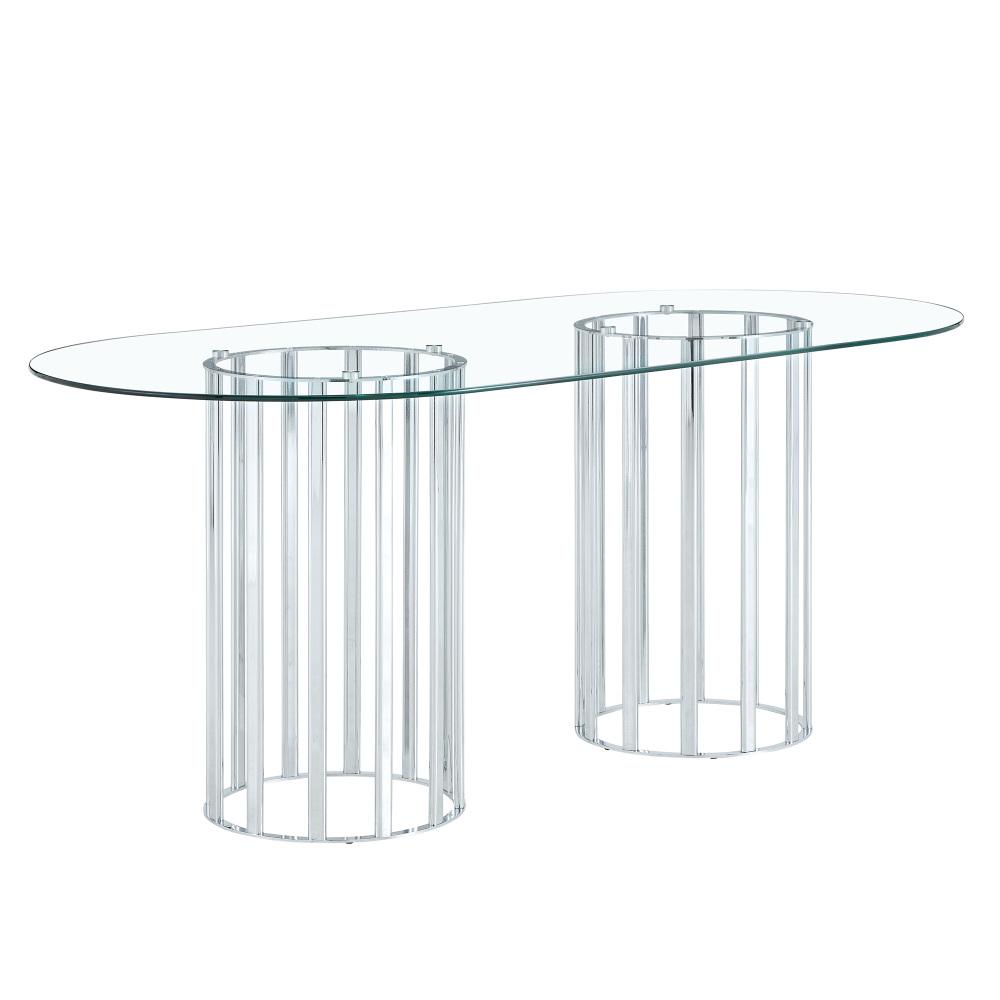 71 inch oval tempered glass dining table,black double column light luxury style,tempered glass scratch resistant and easy to clean.Suitable for 6-8 people dining, modern light luxury restaurant table.