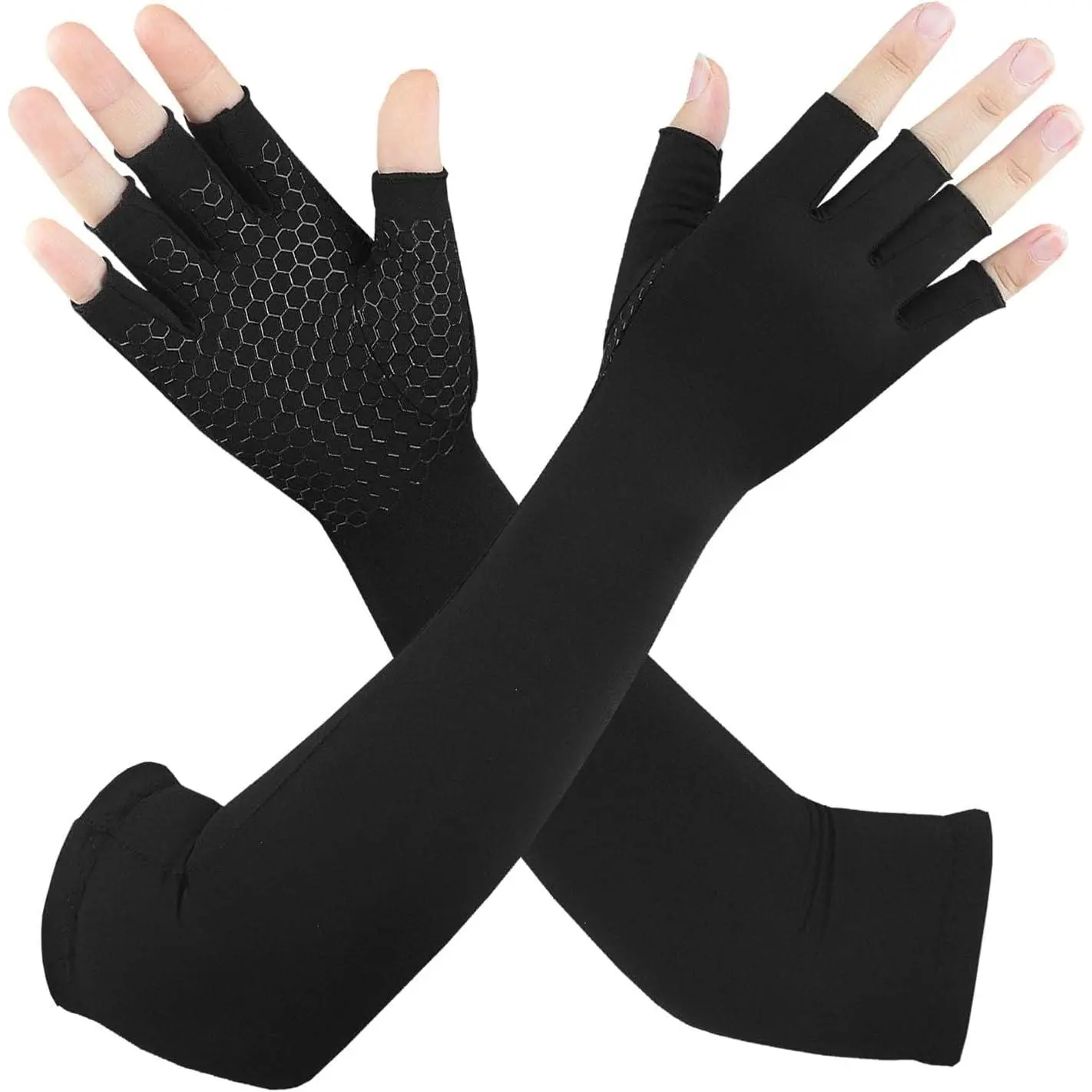 Long Copper Arthritis Gloves for Carpal Tunnel, Compression Gloves for Hand Pain Relief, Wrist Arm Support, Fingerless Typing Gloves for Rheumatoid, Tendonitis, Fits Women Men, 1 Pair, Medium