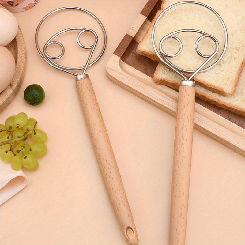 Stainless Steel Danish Dough Whisk - Hand Mixer and Dough Blender for Bread, Pastry, and Pizza Dough - Manual Kitchen Baking Tool with Wooden Handle - Food Contact Safe