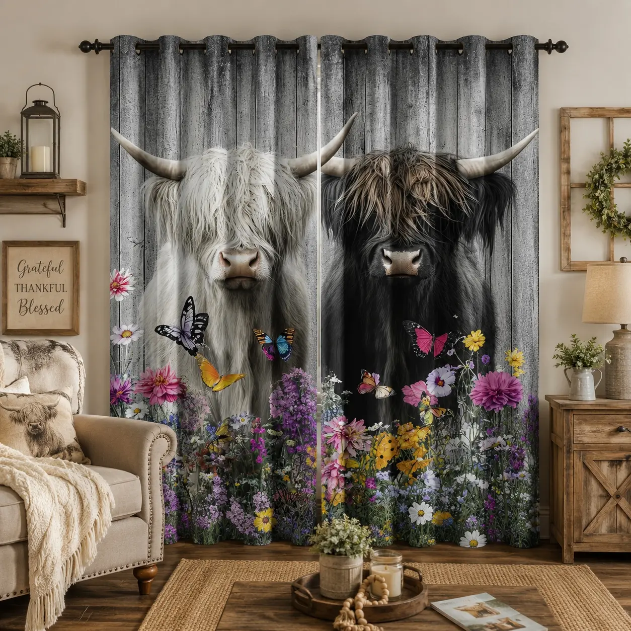 Farmhouse Barn Door Blackout Curtains - Durable Soft Polyester Drapes with Rustic Animals Patterns (Cow Print, Texas Cattle, Wildflower, Butterfly) - Fade-Resistant, Dustproof, Machine-Washable, Non-Customised for Living Room, Bedroom