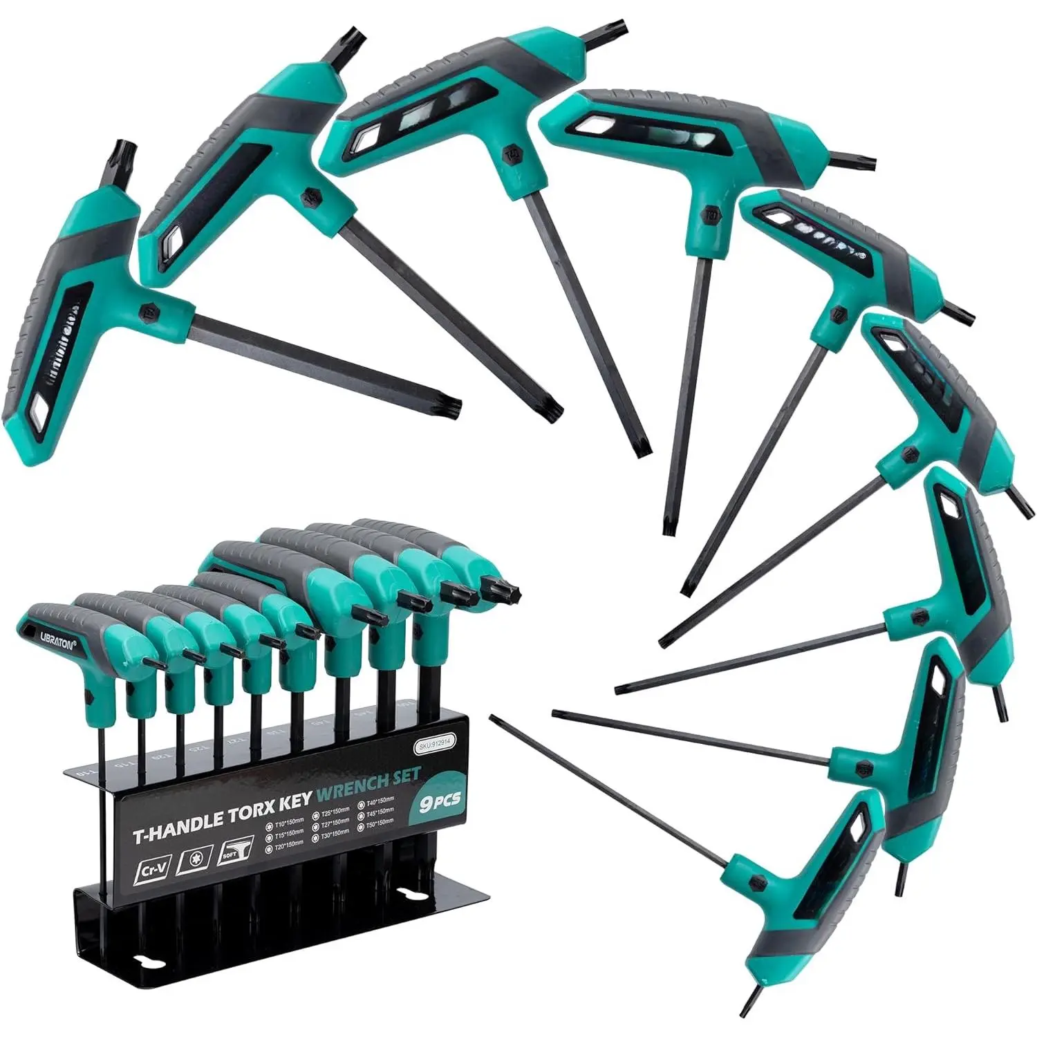 T-Handle Torx Wrench Set, T10-T50 Torx Star Wrench, Two-Tip Design, DIY & Auto Bike Repair Tool, 9PCS with Storage Rack