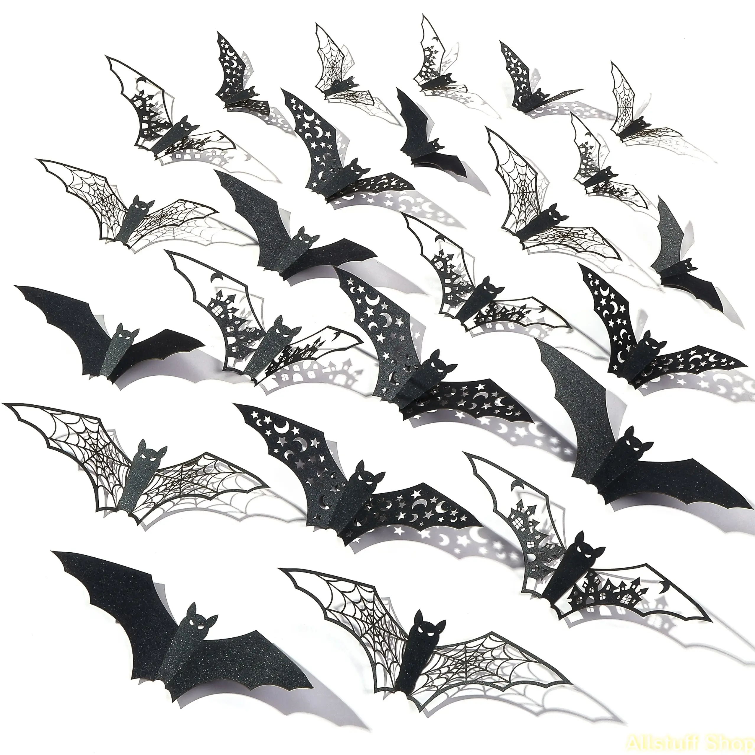 24pcs Halloween 3D Bats Decorations Hollow Out Bats Wall Decor, Paper Scary Bat Stickers Halloween Party Indoor Supplies Black Bats Wall Decals for Door Room Decor