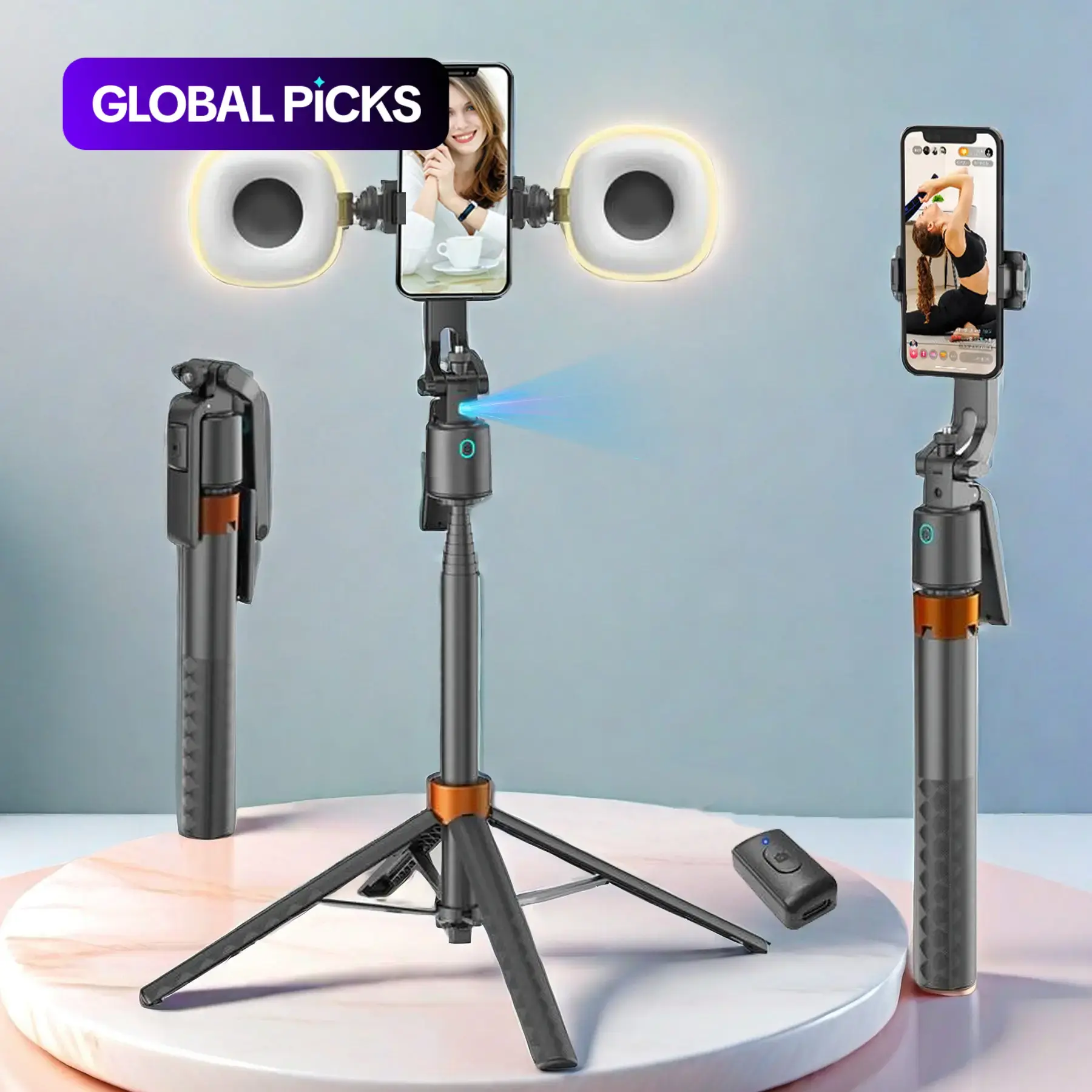 Smart Face-Tracking Selfie Stick, Portable Selfie Accessory, Rechargeable 360-Degree Auto-Tracking Adjustable Phone Holder with 2 Fill Lights and Tripod for Vlogging and Live Streaming, Smartphone Camera Accessory