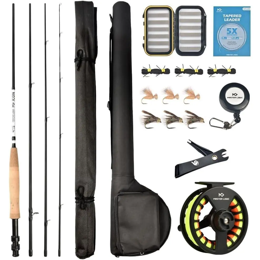 Fly Fishing Combo Starter Kit, Graphite Rod and Reel with Case | Graphite fly rod with cork handle, -cast  reel, fly box, flies, carry case and accessories for beginners
