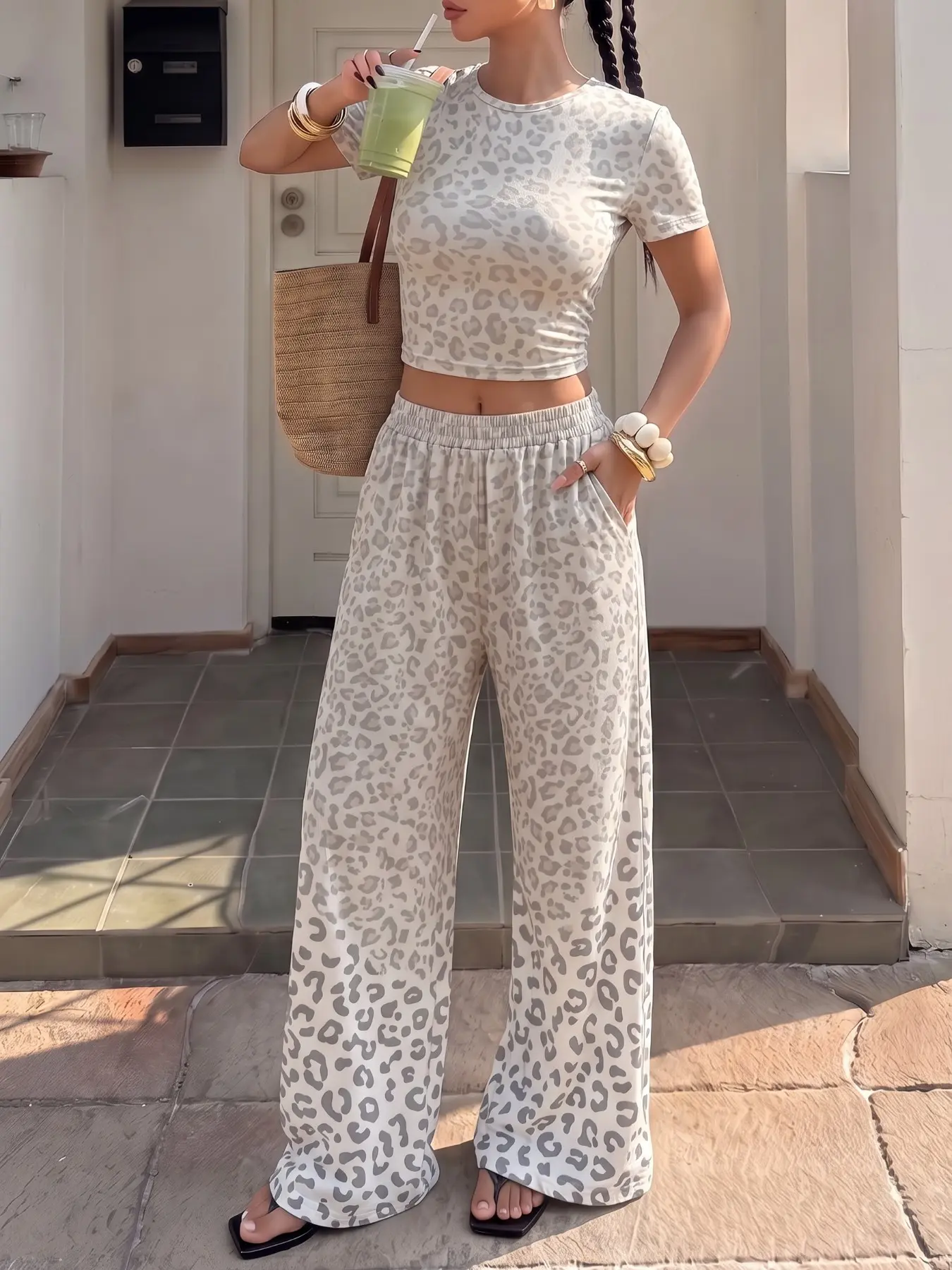 Women Leopard Print 2 Piece Sets, Short Sleeve Crew Neck Crop Top & Elastic Waist Wide Leg Pants Outfit, Soft Stretchy Lightweight Fabric, Side Pockets Design, Y2K Retro Streetwear, Trendy Matching Loungewear Suit, Chic Co‑ord Set, Casual Set