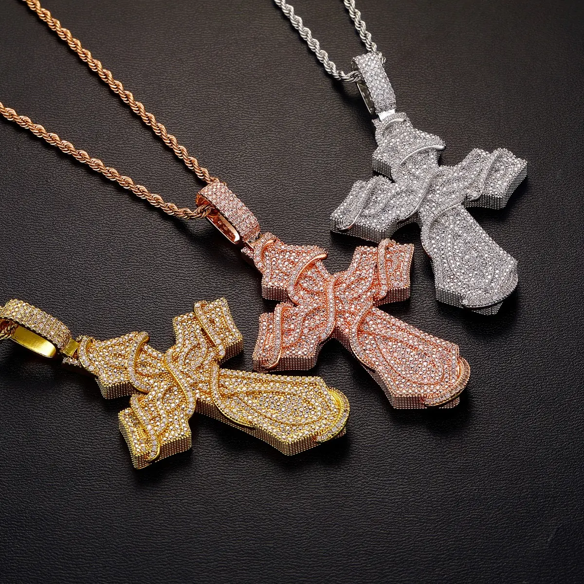 Hip-Hop Moissanite Jewelry, Iced-Out Stainless Steel Cross Shape Pendant Necklace with Twist Chain for Casual Unisex Wear, Cross Design Necklace, Hip-Hop Casual