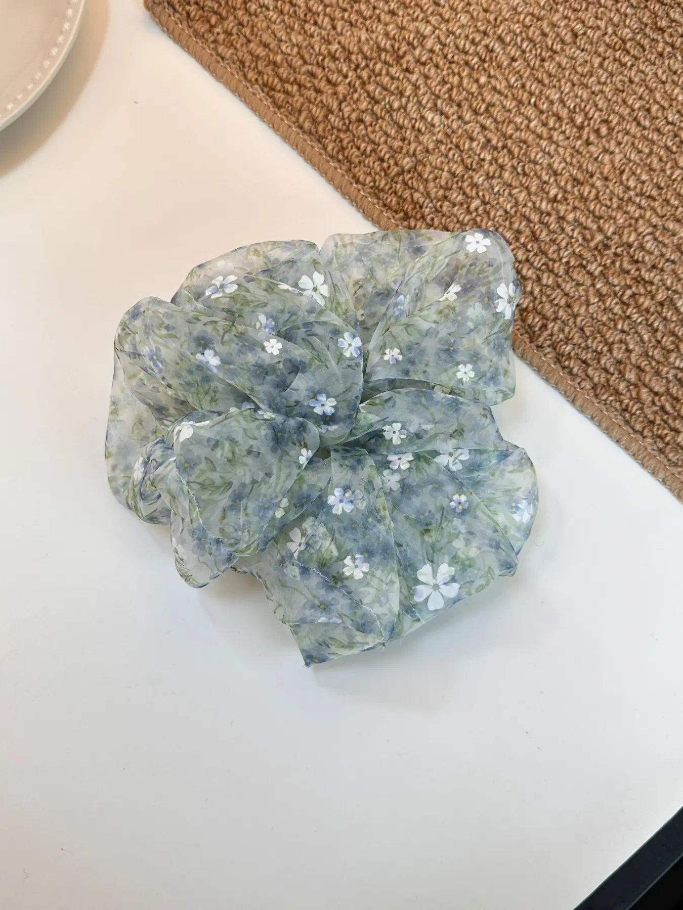 Misty Blue Floral Gauze Scrunchie, Fairy Hair Tie, Forest Style Elastic Hair Accessory for Women, Delicate & Dreamy