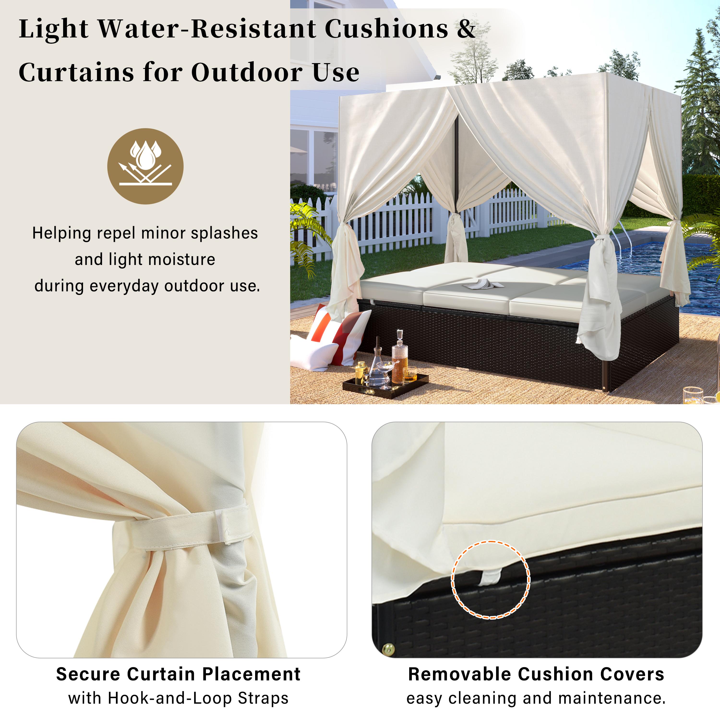 Patio Chaise Lounge, PE Rattan Outdoor Patio Wicker Sunbed Daybed with Adjustable Seats, Four-sided Canopy, Overhead Curtain and Beige Cushions for Backyard, Garden, Poolside (for 2-6 people)