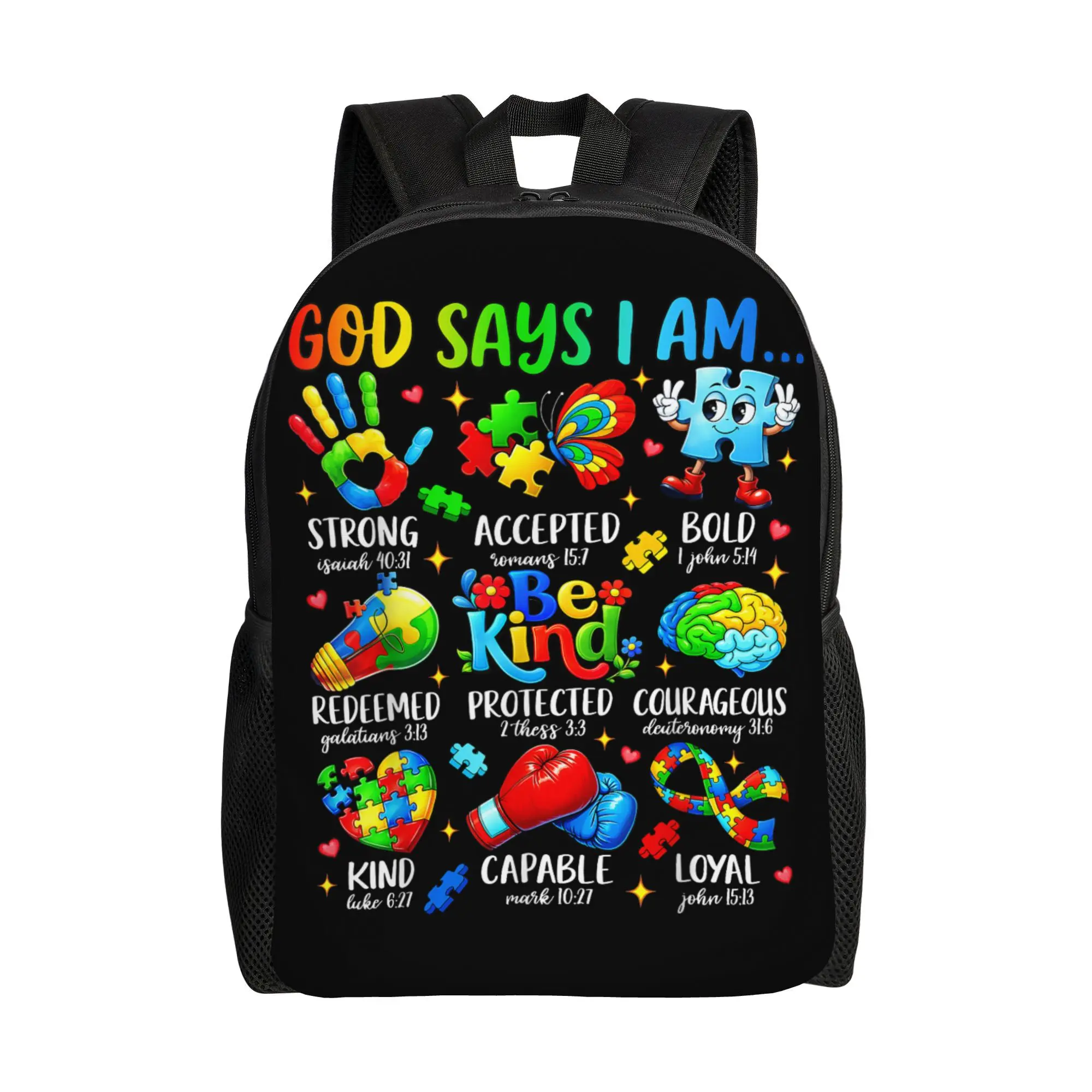 Autism Awareness God Says I Am Positive Bible Verse Backpack, Colorful Puzzle Piece Print Inspirational Daypack, 600D Oxford Lightweight School Bag Padded Straps Fits 15-inch Laptop, Side Mesh Pockets Washable Support Autism Backpack for Men Women Daily T
