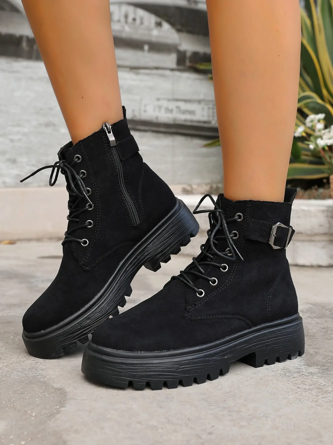 Women's Thick Sole Motorcycle Boots, Faux Suede Buckle Laces Short Boots, Side Zipper Chunky Heel Outdoor Work Boots, Height Boosting