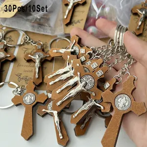30Pcs/10Sets, Handmade Wooden Crucifix Keychain, Wooden Cross Keychain Gift Sets, Party Favor Bags, Ideal For Home Decor At Christmas & Thanksgiving, Baptism, Wedding Souvenirs, Religious Event Keepsakes, Holiday Gifts