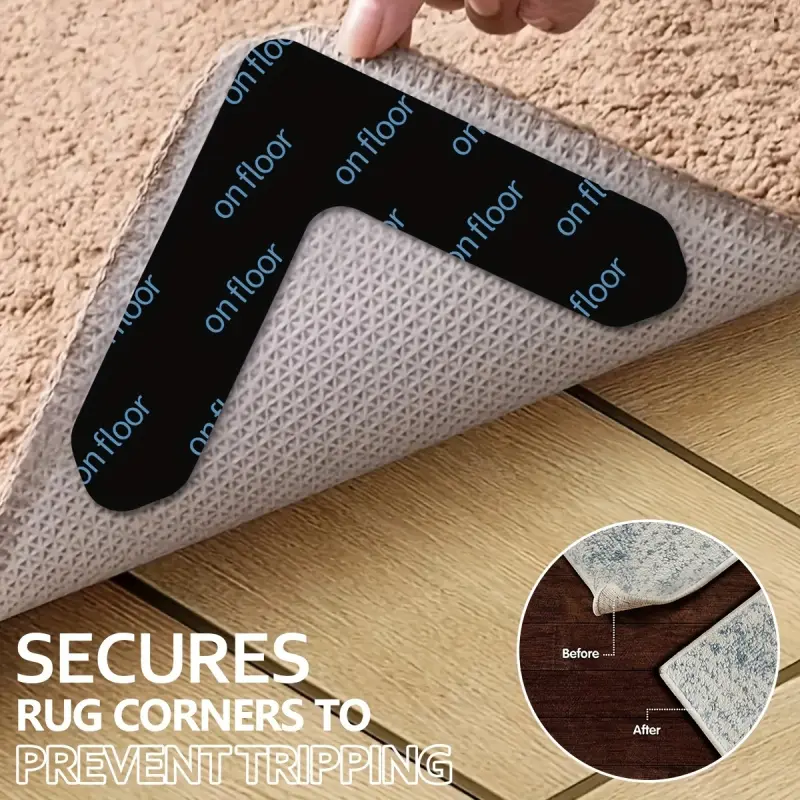 4 8pcs Carpet Non - Slip Tape Hardwood Floor Protection Reusable Washable Anti - Slide Adhesive Backing for Carpet Fixing No Damage Corner Flat Design Adhesive Backed
