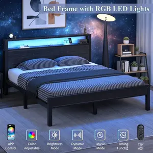 Industrial Upholstered Platform Bed Frame with LED Lights, 2-Tier Storage Headboard & Built-in USB Charging Station, Noise-Free Structure, Reinforced Support Legs, No Box Spring Required