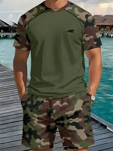 Men's Short Sleeve Tee and Shorts Set, Summer Casual Streetwear, Base with Camouflage Pattern, Slim-Fitting, All Seasons