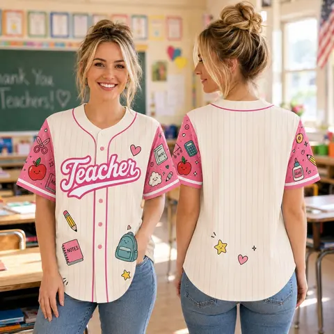 Pink & Blue Pinstripe Teacher Stationery Graphic Baseball Jersey, Cute School Supply Print Short Sleeve Button Top, Warm Teacher Appreciation Casual Outfit,Back to school outfit