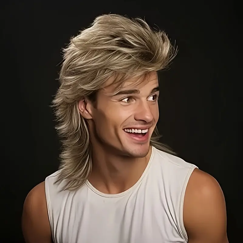 Men'S Long Curly Brown Mullet Wig, Perfect for 80S-Themed Halloween Costumes And Party Hair for Guys