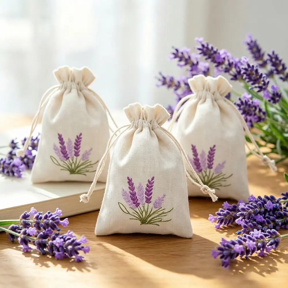 3Pcs Lavender Embroidered Linen-Look Scent Bags, Empty Sachet Bags for Dried Flowers, Drawstring Pouch for Wardrobe Odor Removal, Empty Gift Bags for Wedding Favors, Small Storage Pouch for Travel, Fragrance Pouch for Bedroom Bedside