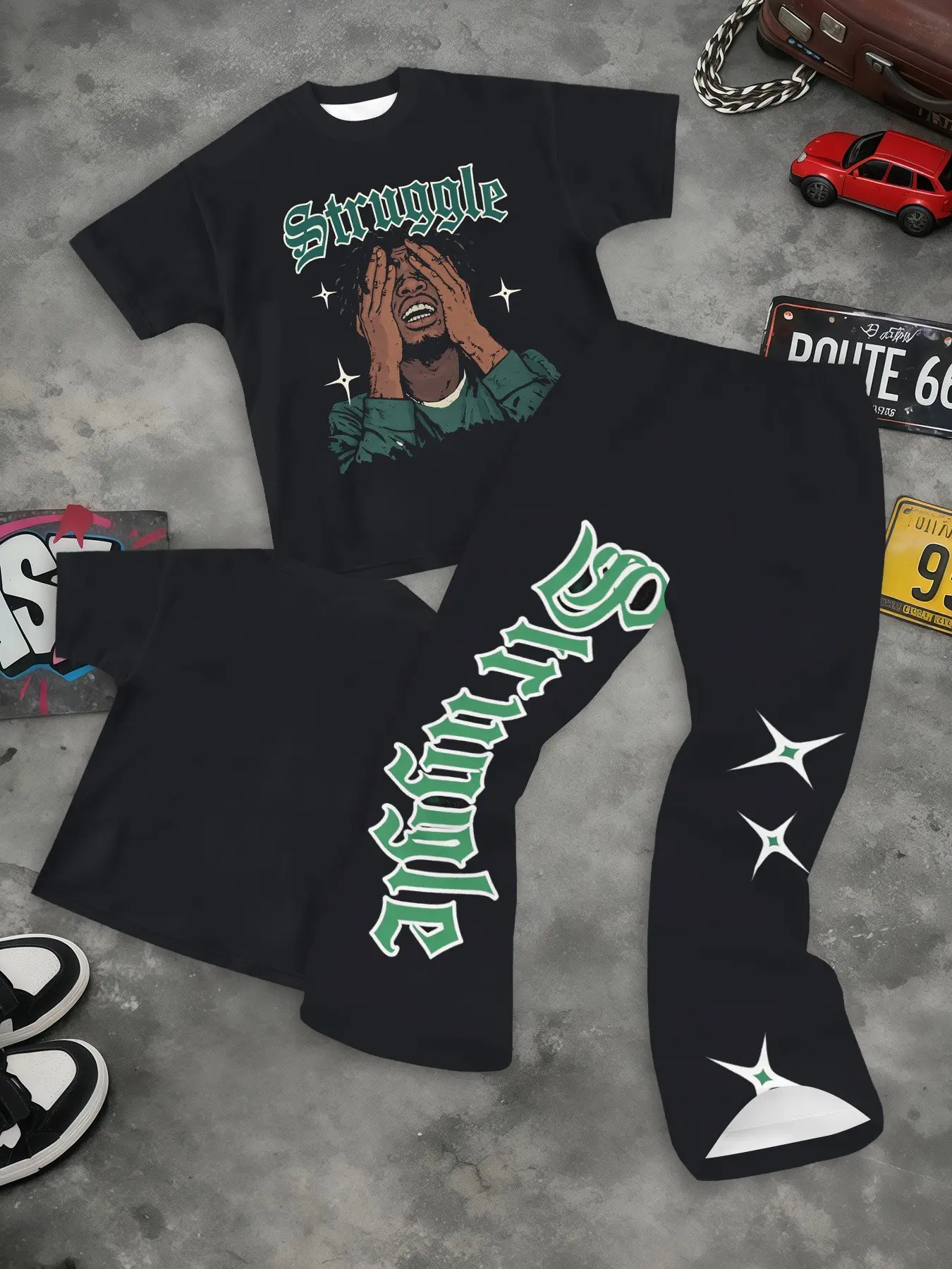 Men Vintage Hip‑Hop Struggle Character Graphic Tee & Flared Bootcut Pants 2‑Piece Outfit, Retro Street Fashion Matching Suit For Club Hangout Daily Street Style