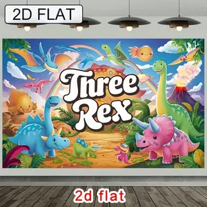 2D Flat, [party Backdrop] 2D Flat Banner, 1pc Three Rex Colorful Dinosaurs Rainbow Jungle Playful Scene Polyester Backdrop, for Party Decor Farm, Garden, Home, Room, Club, No Electricity, This Is a Wonderful Gi