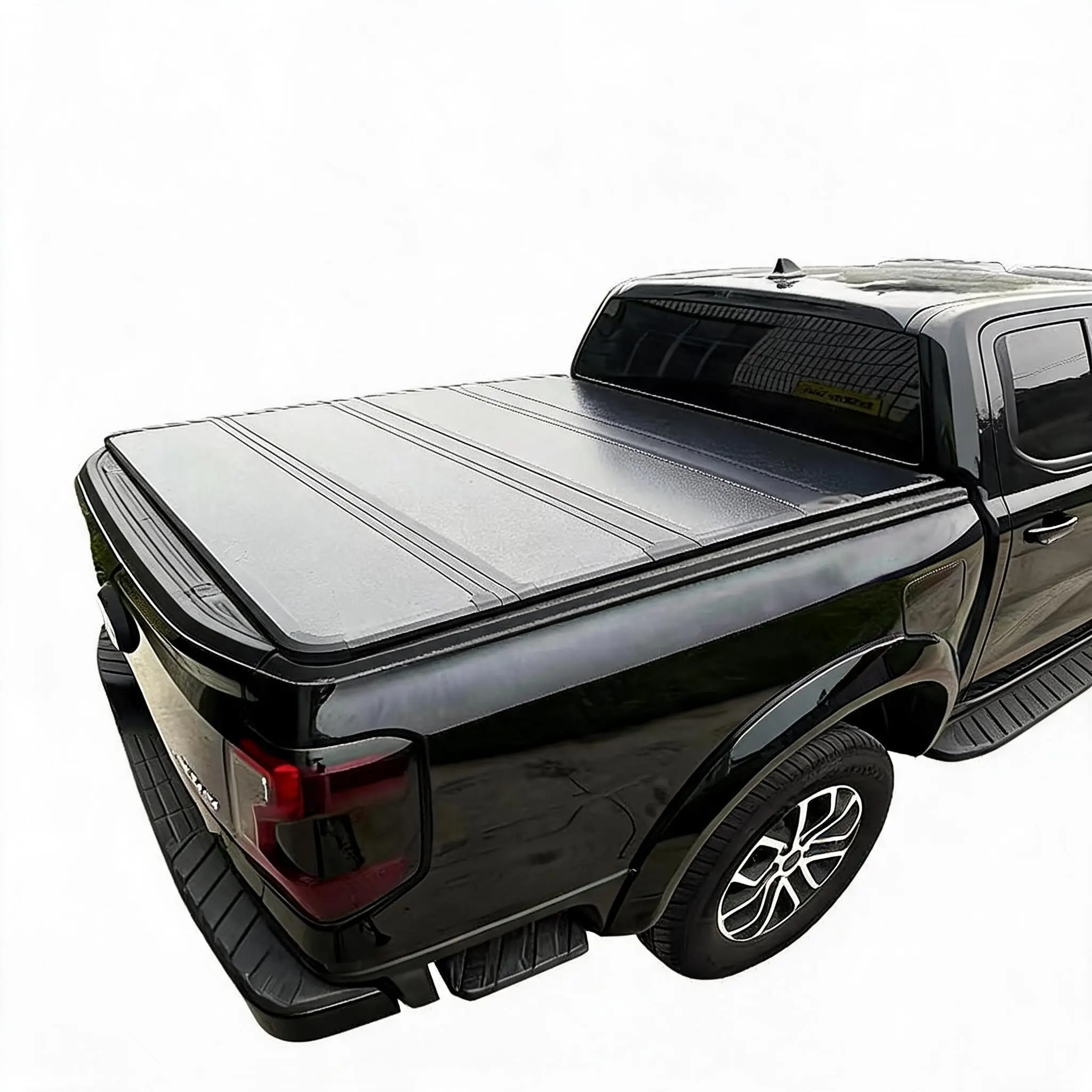 Hard Folding Aluminum Truck Bed Tonneau Cover, Aerodynamic Clamp-On Accessory with Security Locks, Compatible With 2022-2023 FORD 4.2ft Box, 3-Fold Black Rear Rack Accessory