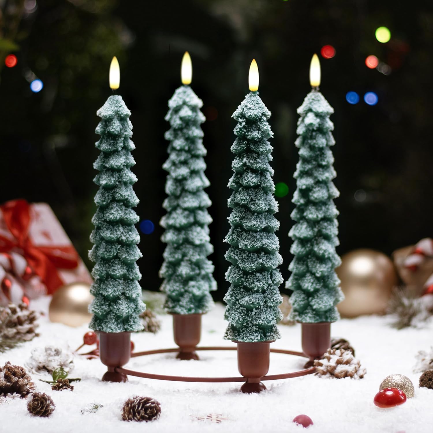 4 count Flameless Christmas Tree Candles with Remote, Snow Covered Real Wax Flameless Taper Candles 9.65 Inch, LED Candlesticks  Operated with  Flickering Flame, Christmas Candles Decor