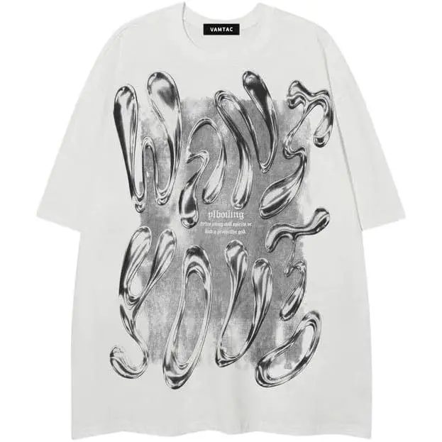 Vamtac Mens Liquid Metal Graphic Tees Vintage Cotton T Shirts Y2k Oversized Tee Shirts Summer Tops