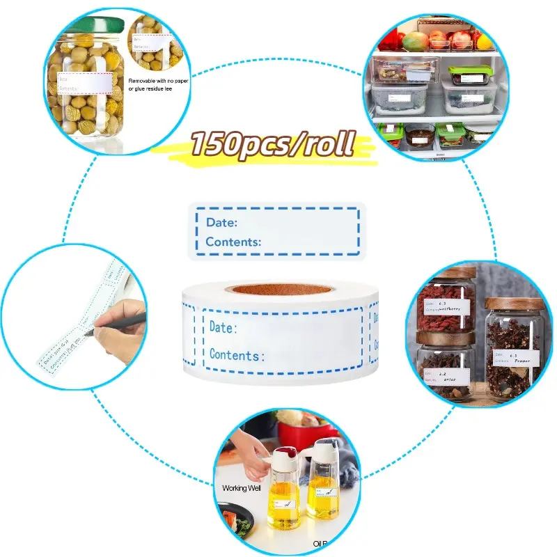 150 Pieces Per Roll Blue Date Content Label Stickers, Kitchen Refrigerator Food Storage Reminder Labels, Easy-To-Use Date Tags