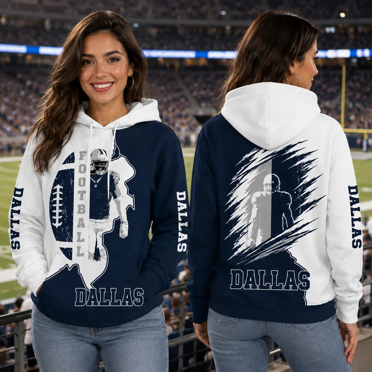 All Team Football Pullover Hoodie, Unisex Split‑Color Graphic Hooded Sweatshirt, Long Sleeve Sleeve‑Print Casual Fan Top For Game Day And Daily Street Wear