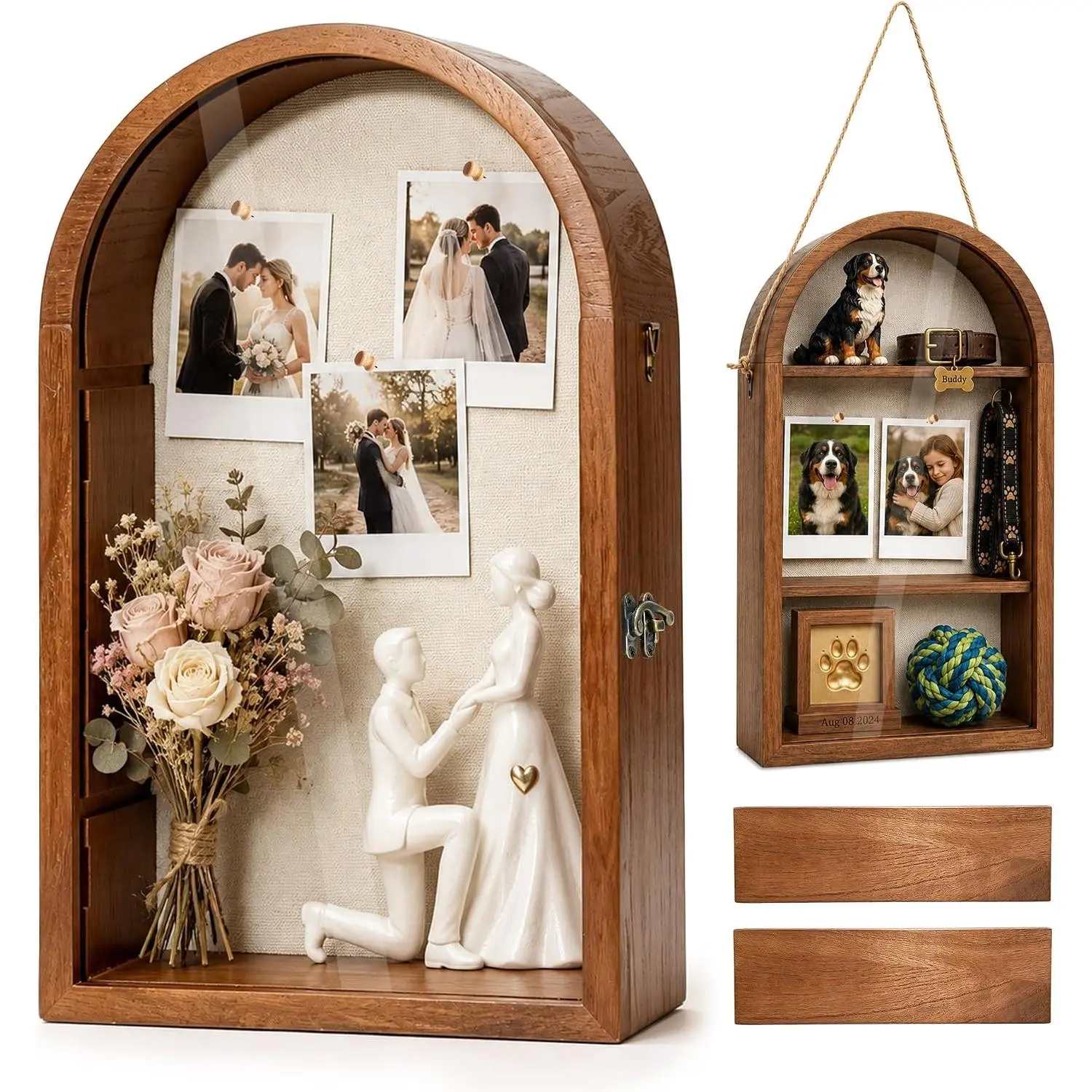 10x16 Shadow Box Frame with Removable Shelves,  Door, Walnut | Memory Box for Medals, Photos, Wedding Bouquet, Keepsakes &  Memorials Warm Walnut Finish Linen  &  Door