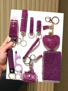 9pcs shiny purple full diamond keychain accessories suit, key ring, ornaments all available, add a full sense of high-level for your key