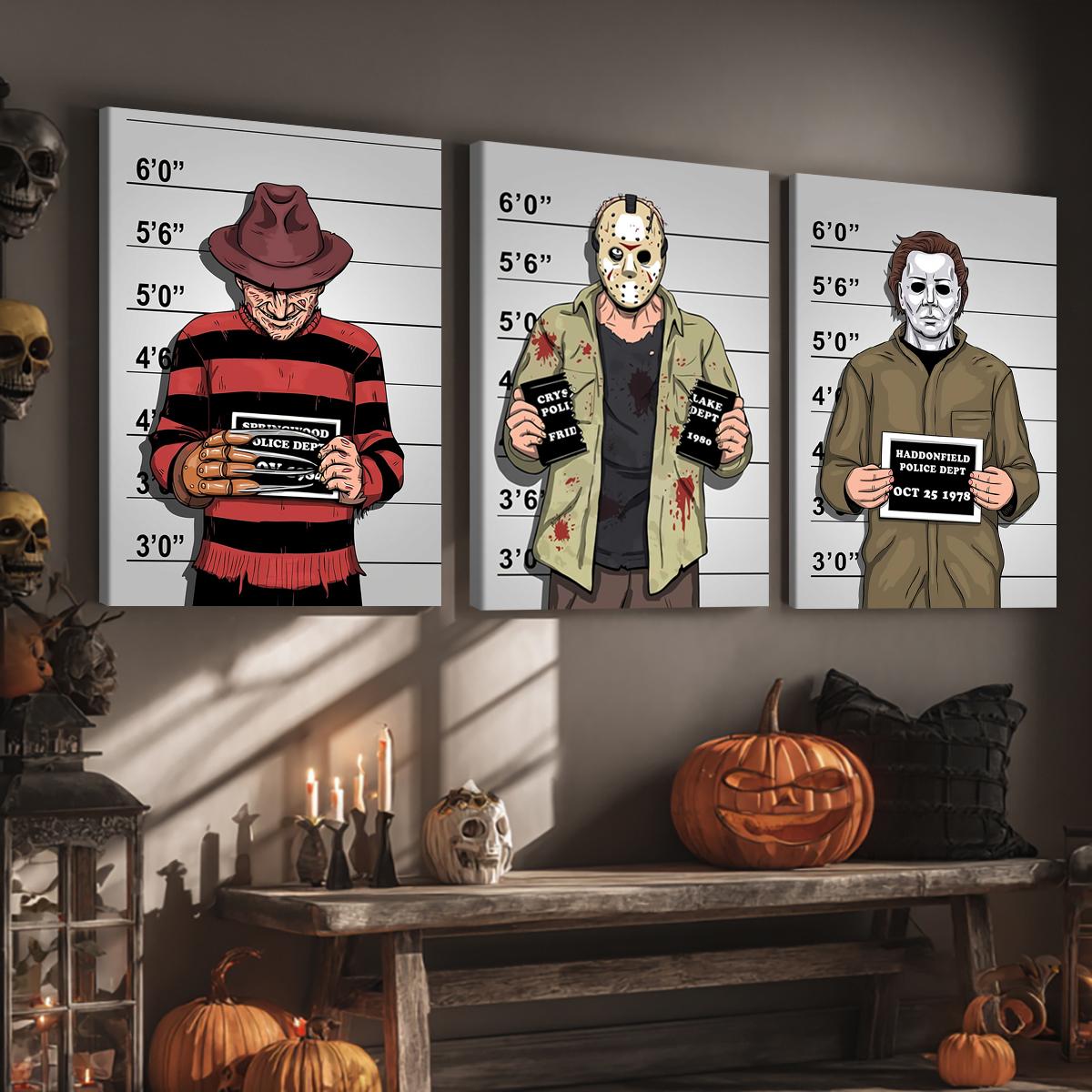 3 Counts Wooden Framed Canvas, Interesting Horror Movie Characters, Halloween Home Poster, Halloween Party Decorations, Living Room And Bedroom Hanging Paintings, Horror Theme, Interesting Posters, Exquisite Gifts, High-Definition Art, Wooden Wall Art