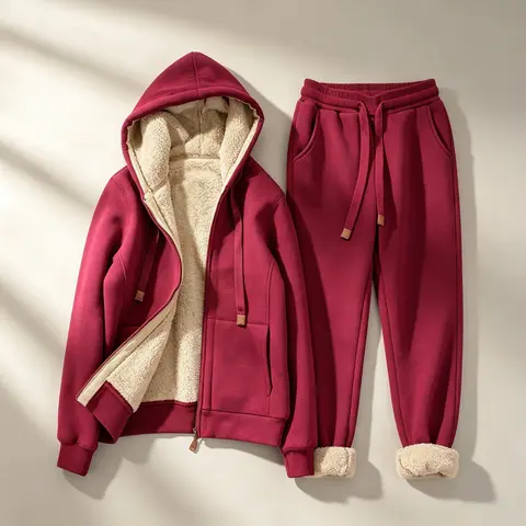 Women's 2026 Winter New Red Fleece-Lined 2-Piece Casual Sports Sweatsuit Set, Full-Length Hoodie Outfit for Women's Clothing, Trendy Athletic Wear,outdoorfun