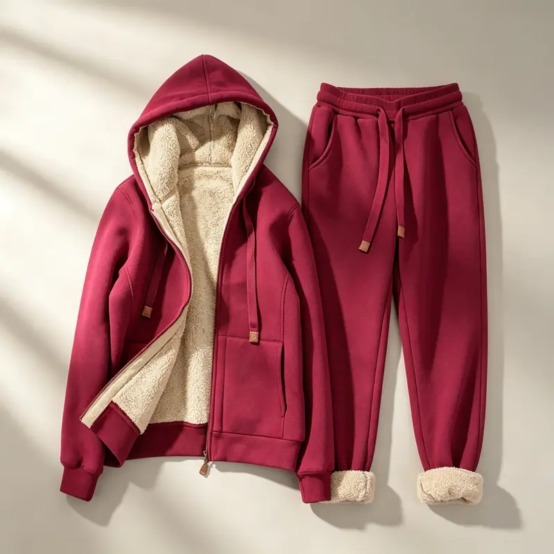 Women's 2026 Winter New Red Fleece-Lined 2-Piece Casual Sports Sweatsuit Set, Full-Length Hoodie Outfit for Women's Clothing, Trendy Athletic Wear,outdoorfun