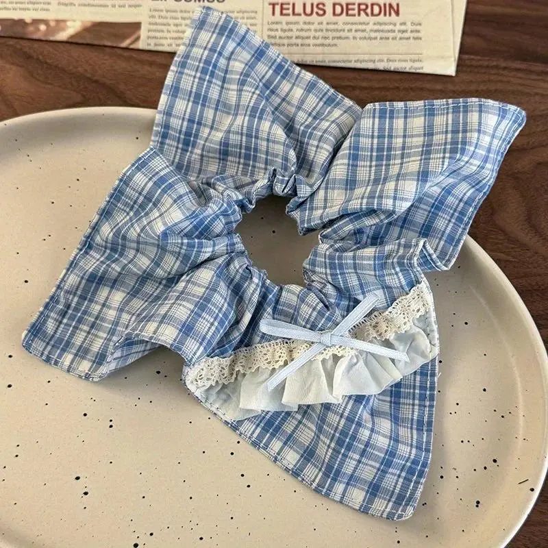 Blue Plaid Lace Bow Hair Tie with Ruffles Women's Korean Style Elegant Schoolgirl Hairband for Ponytails
