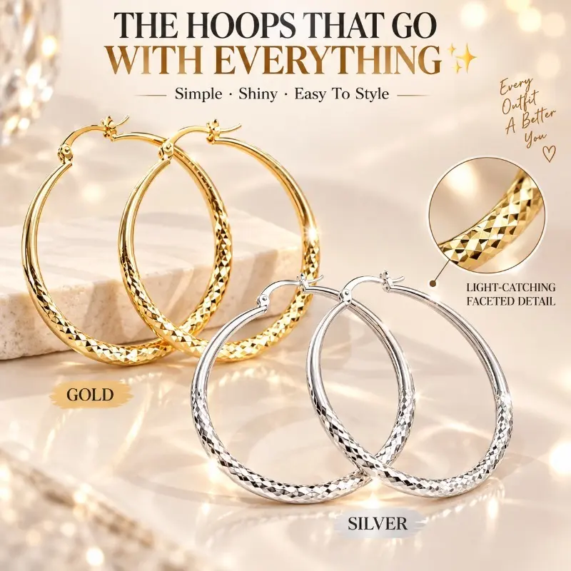 Faceted Light‑Catching Hoop Earrings for Women, Gold & Silver Textured Large Circle Hoop Set, Shiny Classic Huggie‑Style Jewelry, Versatile Daily Accessory for Date Night, Party, Casual Outfits & Everyday Wear