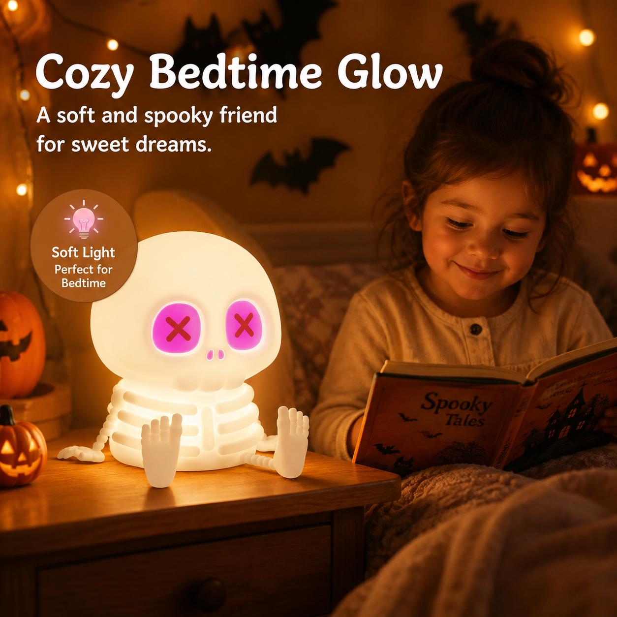 Skull Shape Halloween Silicone Night Light - Type-C Rech, Adjustable Warm Light, Touch Control LED Bedside Lamp, Indoor Use Kids' Rooms Decor, Festive Gift - MM2