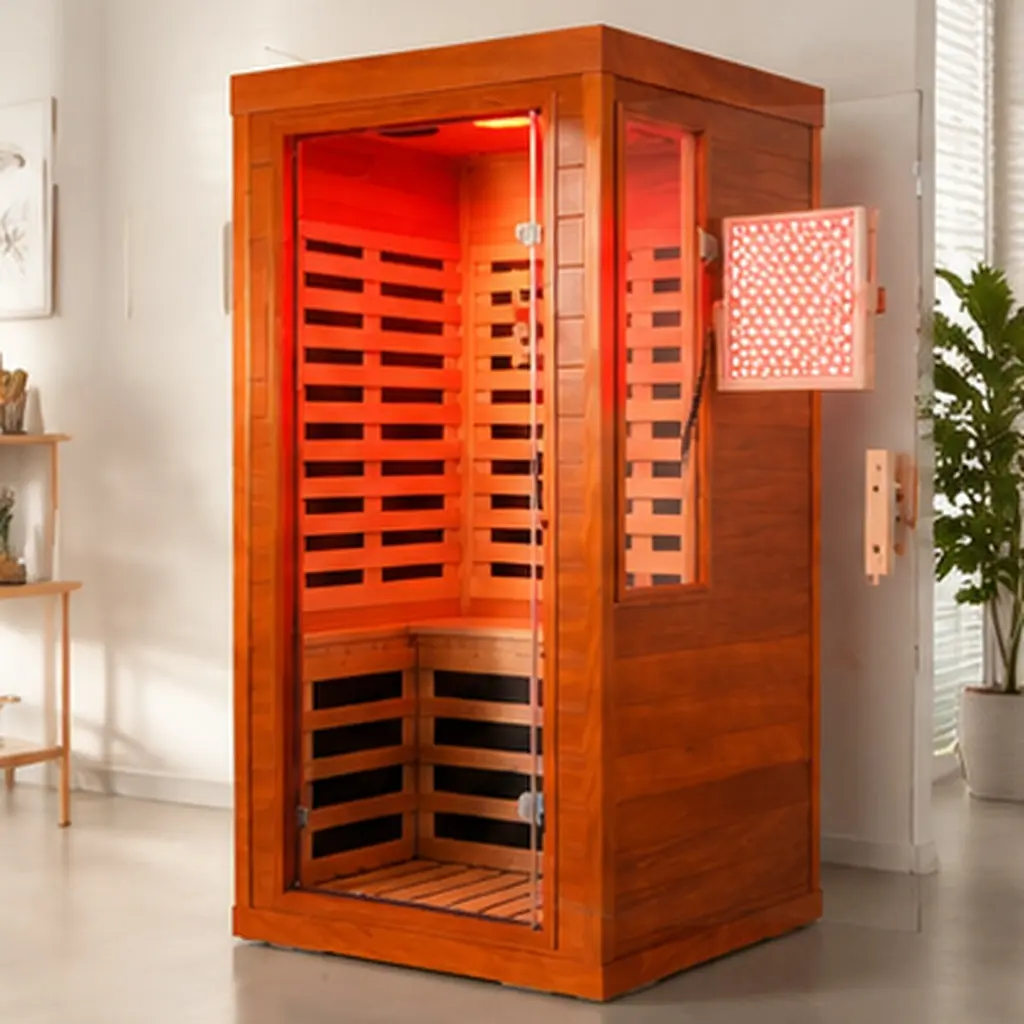 ARCH One Person Far Infrared Sauna with Bluetooth Music Player, 7-Color Therapy Lighting, Red Light Therapy Lamp 660nm&850nm, Low EMF Carbon Fiber Heating Panels, Solid Wood Natural Finish, 31.5x31.5x63.3 Inch Indoor Home Spa, Natural Color Options