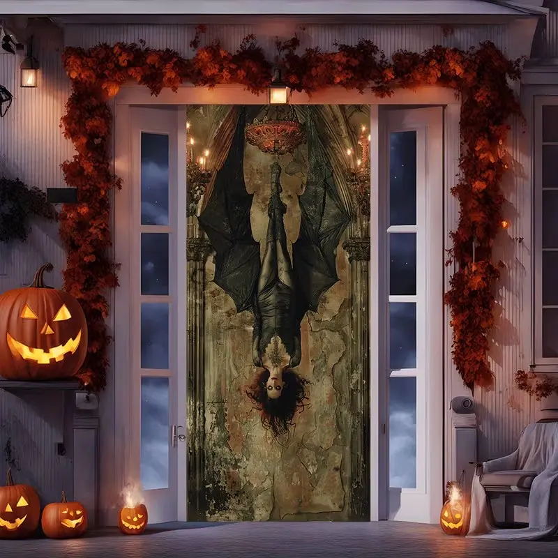 Halloween Gothic Inverted Bat Vampire Door Curtain, Vintage Church Horror Front Door Banner, Dark Haunted House Yard Halloween Party Decor 70.8in*35.4in