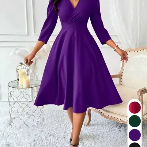 Wine V Neck Midi Dress, Solid, Slim Fit a Line, 3/4 Sleeve, Elegant Formal Style, High Waist, Comfortable Fabric, Evening Party Dresses, Fitted Elegant Dress, Perfect for Office/wedding/party/daily Wear