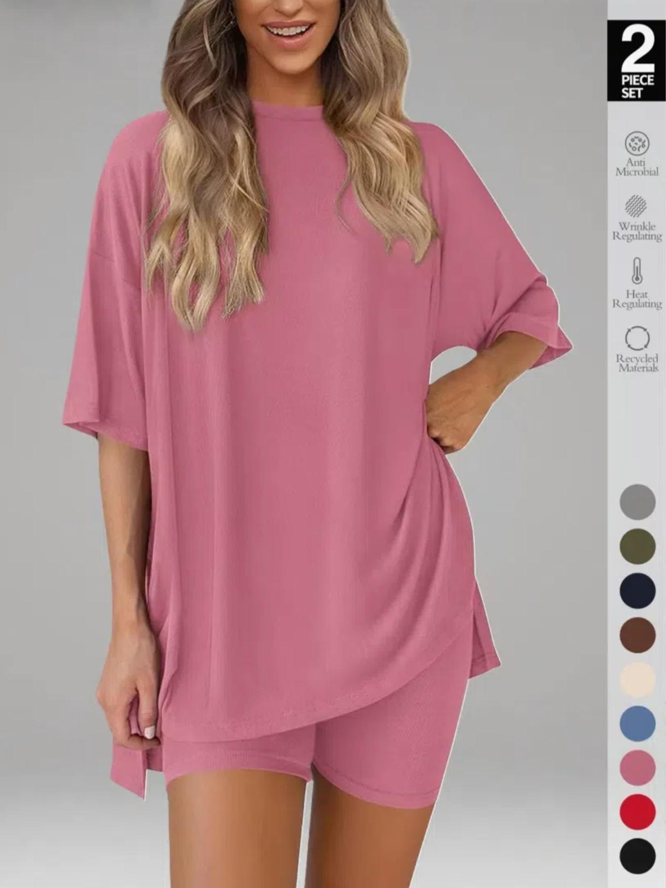 Women's Solid Color T-Shirt and Tight Shorts Loungewear Set, Casual Comfortable Round Neck Sleepwear for Summer, Features Pockets and Suitable for Outdoor Wear