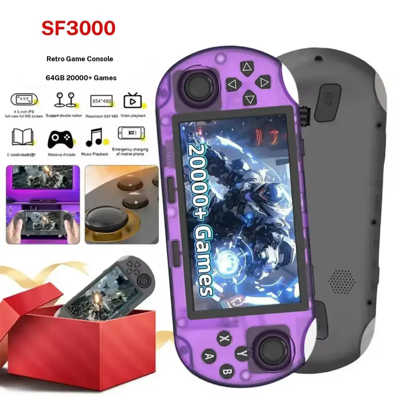 Rediscover the joy of your childhood! The SF3000 retro handheld game console features over 20,000 games, 14+ emulators, a 4.5-inch IPS HD screen, a dual-core processor, instant phone charging, and TV connectivity. It's both stylish and durable!