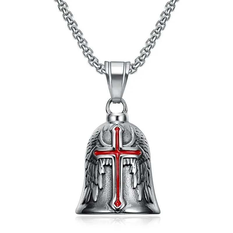 Angel Wing Red Cross Guardian Bell Pendant Necklace, Vintage Stainless Steel Motorcycle Biker Lucky Bell with Box Chain | A Perfect Gift Choice | Waterproof & Corrosion-Resistant Material