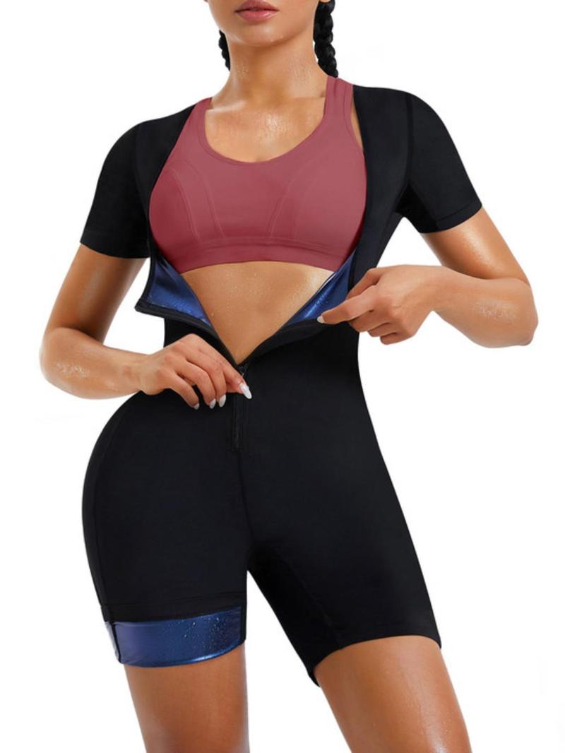 Women's Solid Zip Up Short Sleeve Open Bust Shapewear Bodysuit without Bra, High Stretch Seamless Sweat Sauna One Piece Shaper, Tummy Control Butt Lifter, Ladies Shapewear for Workout Gym Exercise